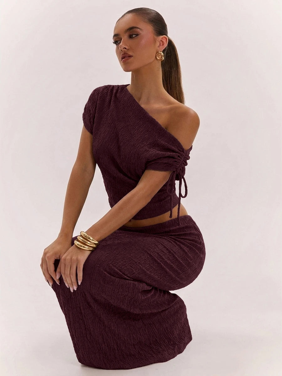 SHEIN BAE Women's Solid Color Asymmetrical Neck Top And Skirt Casual 2 Pieces Set