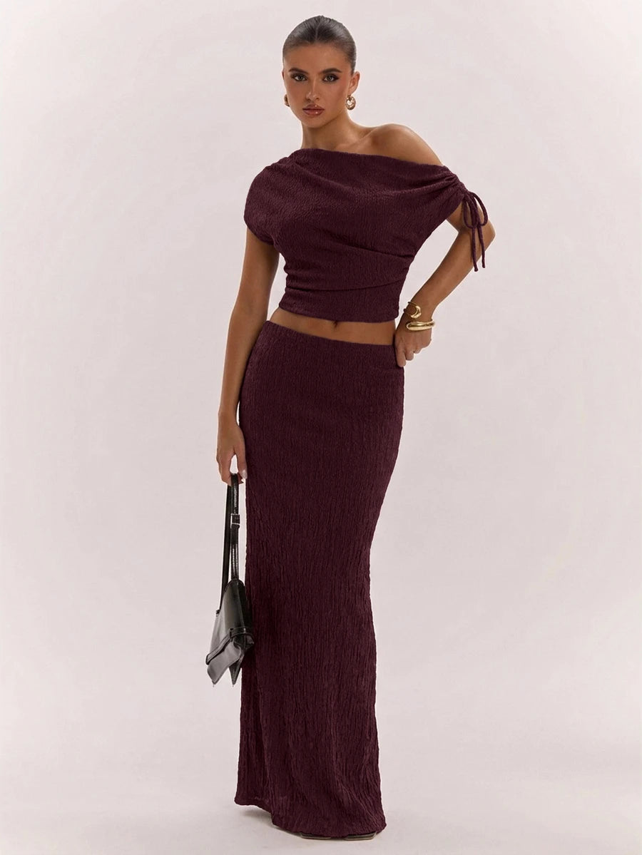 SHEIN BAE Women's Solid Color Asymmetrical Neck Top And Skirt Casual 2 Pieces Set
