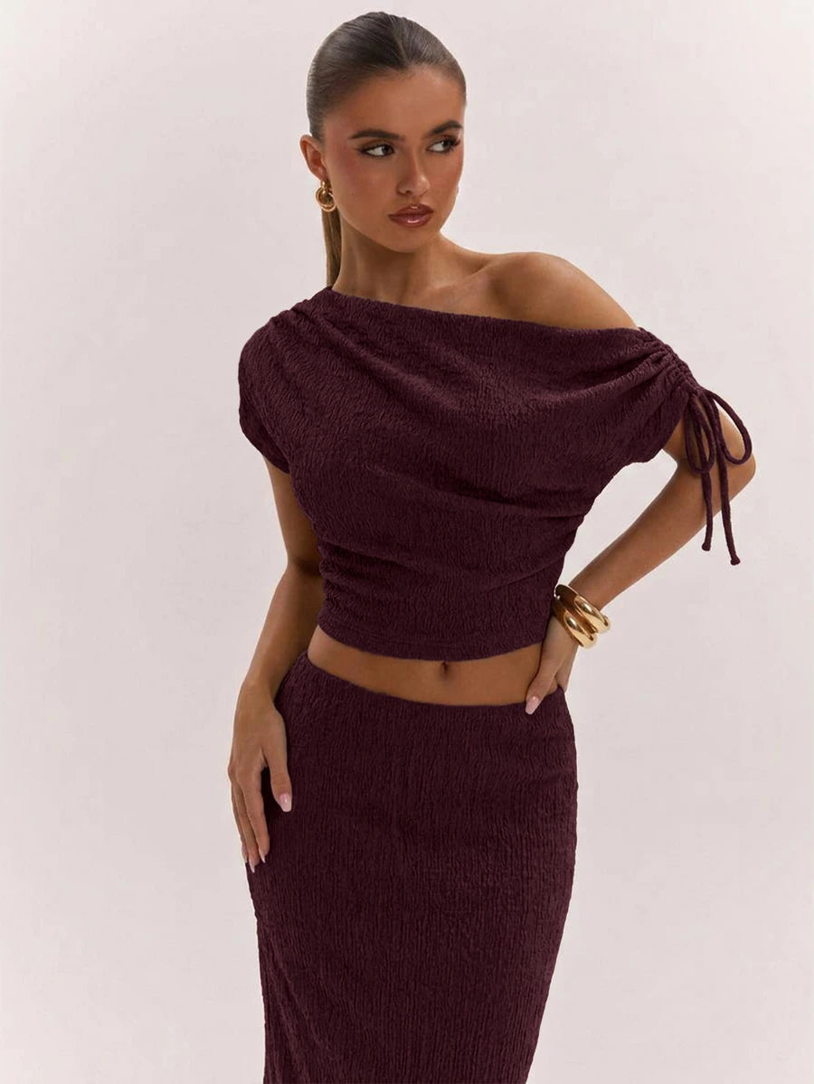 SHEIN BAE Women's Solid Color Asymmetrical Neck Top And Skirt Casual 2 Pieces Set