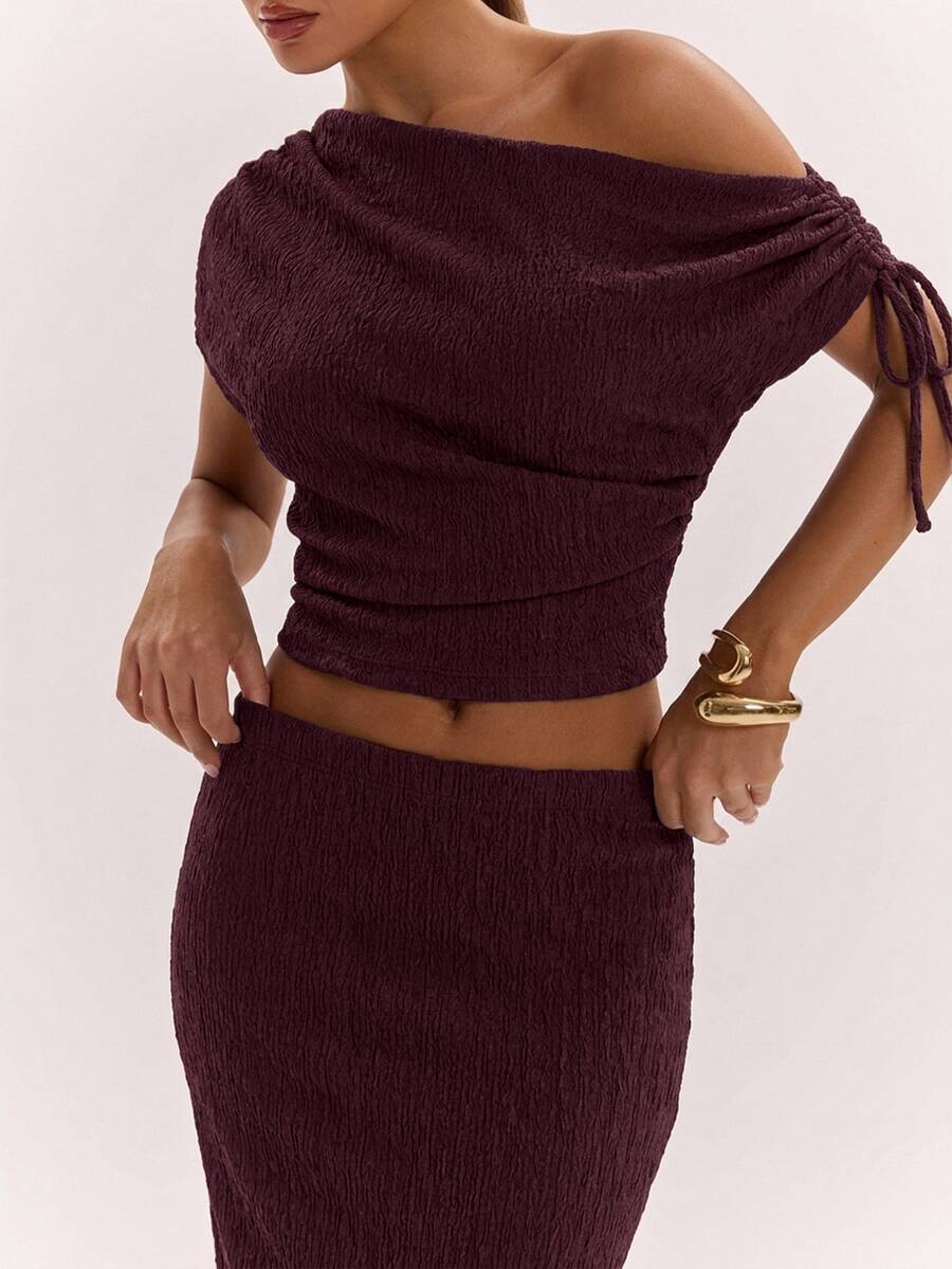 SHEIN BAE Women's Solid Color Asymmetrical Neck Top And Skirt Casual 2 Pieces Set