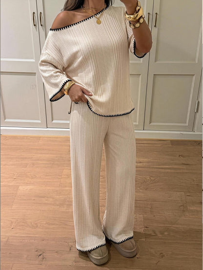 Siren Gaze Women's Fall White Casual Striped Asymmetric Collar T-Shirt Pants 2 Pieces Set Back To School Going Out Y2k Basic Streetwear Gym Halloween Sports Gym