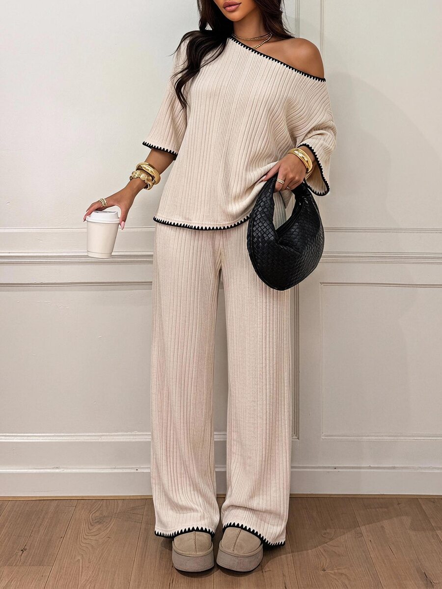 Siren Gaze Women's Fall White Casual Striped Asymmetric Collar T-Shirt Pants 2 Pieces Set Back To School Going Out Y2k Basic Streetwear Gym Halloween Sports Gym