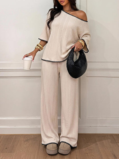 Siren Gaze Women's Fall White Casual Striped Asymmetric Collar T-Shirt Pants 2 Pieces Set Back To School Going Out Y2k Basic Streetwear Gym Halloween Sports Gym