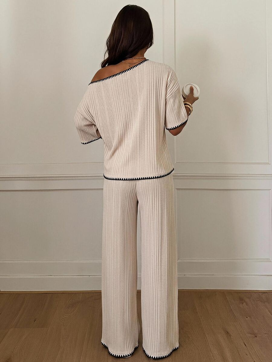 Siren Gaze Women's Fall White Casual Striped Asymmetric Collar T-Shirt Pants 2 Pieces Set Back To School Going Out Y2k Basic Streetwear Gym Halloween Sports Gym