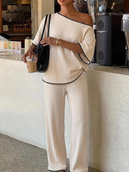 Siren Gaze Women's Fall White Casual Striped Asymmetric Collar T-Shirt Pants 2 Pieces Set Back To School Going Out Y2k Basic Streetwear Gym Halloween Sports Gym