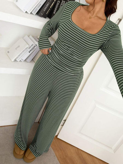 Lounesse Plus Size Women Solid Color Square Neck Long Sleeve T-Shirt And Pants Casual 2 Pieces Set Casual Daily Going Out 2 Pieces Sets Casual School Outfit Set