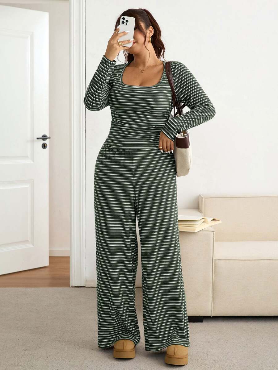 SHEIN Frenchy Plus Size Women Square Neck Black Long Sleeve T-Shirt And Wide Leg Pants Casual 2 Piece Set Formal Office Holiday Holiday Autumn Fall