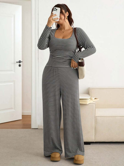 SHEIN Frenchy Plus Size Women Square Neck Black Long Sleeve T-Shirt And Wide Leg Pants Casual 2 Piece Set Formal Office Holiday Holiday Autumn Fall