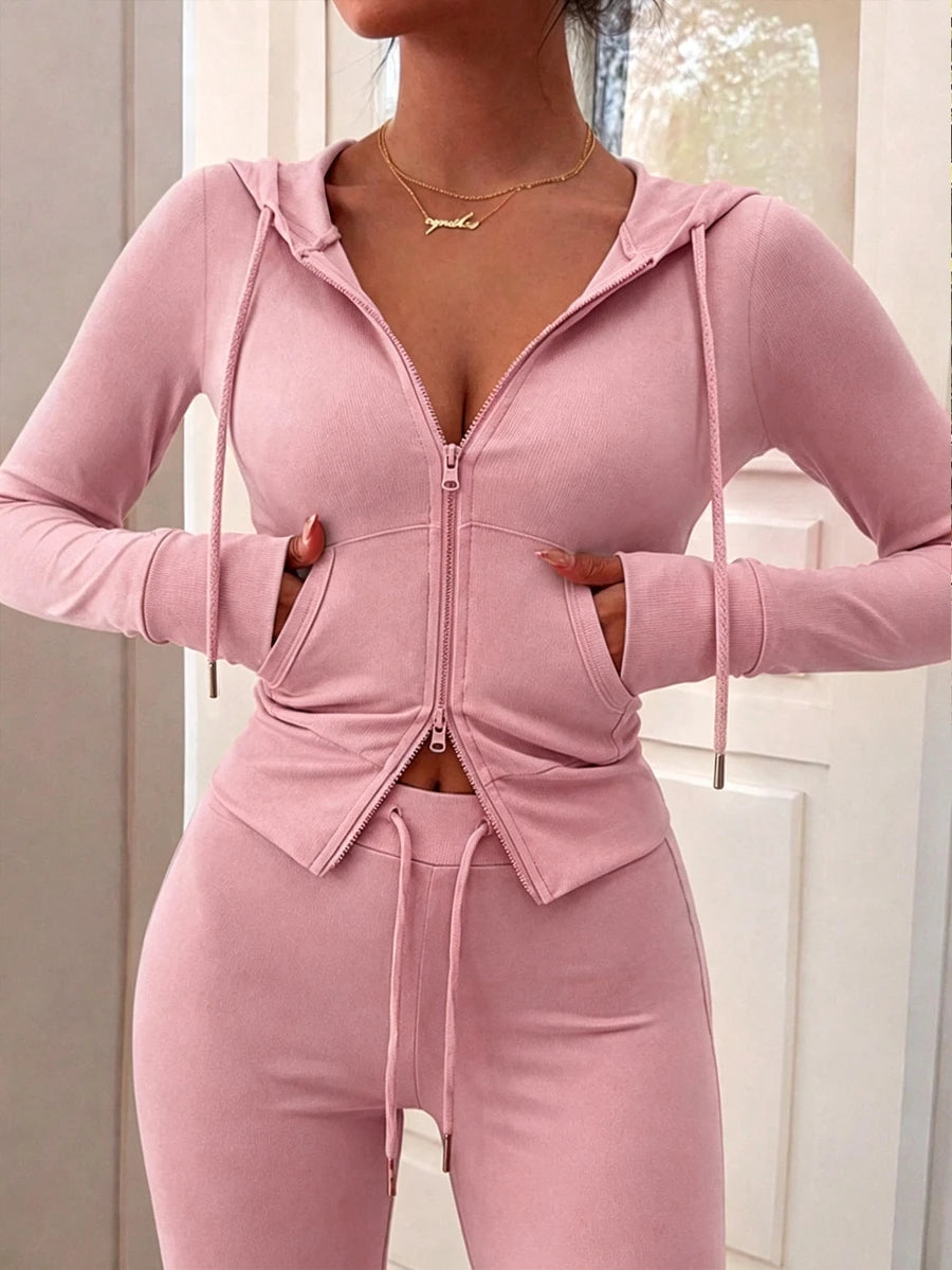 Eryvara Women's Casual Streetwear Fitted Hooded Zip-Up Sweatshirt And Blue Flare Pants Set, Autumn/Winter Daily Casual Fashion Outfit