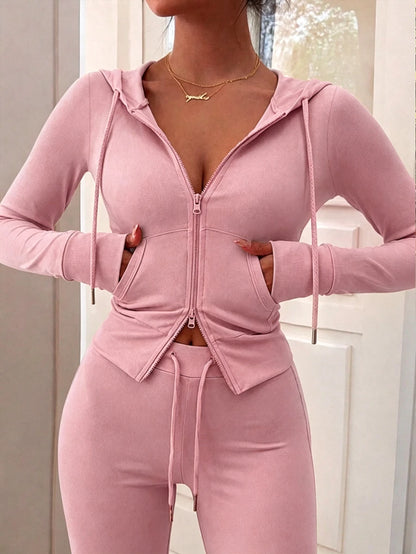 Eryvara Women's Casual Streetwear Fitted Hooded Zip-Up Sweatshirt And Blue Flare Pants Set, Autumn/Winter Daily Casual Fashion Outfit