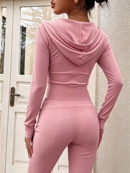 Eryvara Women's Casual Streetwear Fitted Hooded Zip-Up Sweatshirt And Blue Flare Pants Set, Autumn/Winter Daily Casual Fashion Outfit