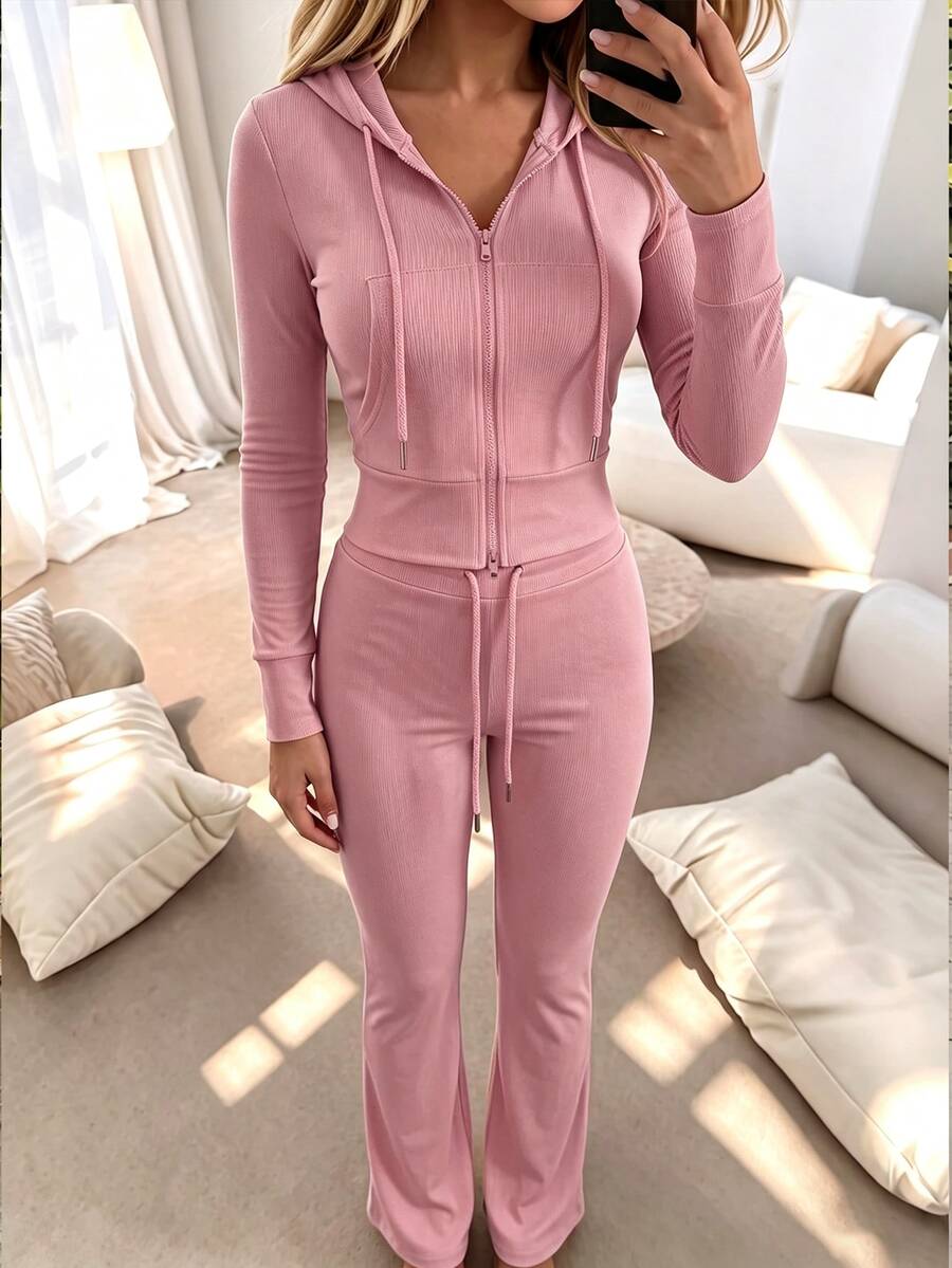 Eryvara Women's Casual Streetwear Fitted Hooded Zip-Up Sweatshirt And Blue Flare Pants Set, Autumn/Winter Daily Casual Fashion Outfit