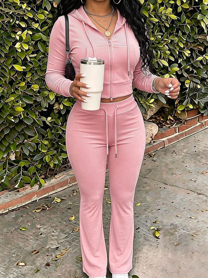 Eryvara Women's Casual Streetwear Fitted Hooded Zip-Up Sweatshirt And Blue Flare Pants Set, Autumn/Winter Daily Casual Fashion Outfit