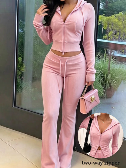 Eryvara Women's Casual Streetwear Fitted Hooded Zip-Up Sweatshirt And Blue Flare Pants Set, Autumn/Winter Daily Casual Fashion Outfit