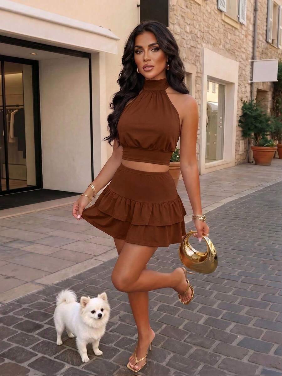 AIJ Amarilo Sexy Spaghetti Strap Backless Polka Dot 2-Piece Set, Women Sleeveless Crop Top And Ruffle Hem Mini Skirt For Party Outfit Elegant Summer