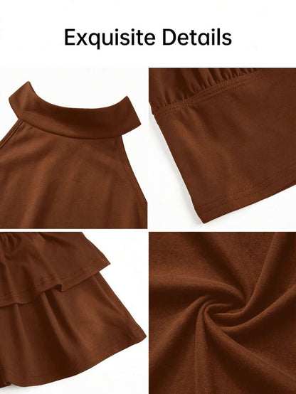 AIJ Amarilo Sexy Spaghetti Strap Backless Polka Dot 2-Piece Set, Women Sleeveless Crop Top And Ruffle Hem Mini Skirt For Party Outfit Elegant Summer