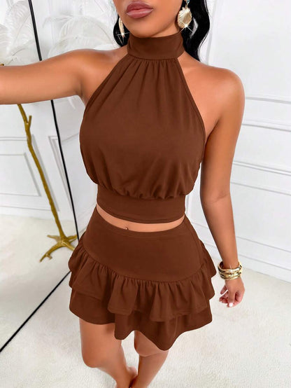 AIJ Amarilo Sexy Spaghetti Strap Backless Polka Dot 2-Piece Set, Women Sleeveless Crop Top And Ruffle Hem Mini Skirt For Party Outfit Elegant Summer