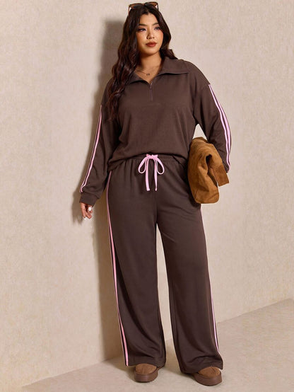 Elaquor Plus Size Women's Side Stripe Zipper Design Sweatshirt And Wide Leg Pants Casual Daily Going Out 2 Pieces Set For Women Fall/Winter Casual Work Sets