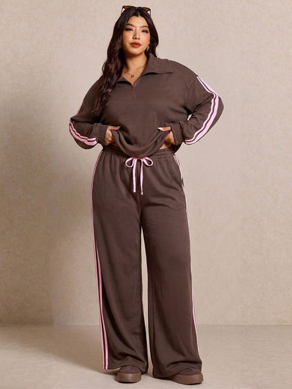 Elaquor Plus Size Women's Side Stripe Zipper Design Sweatshirt And Wide Leg Pants Casual Daily Going Out 2 Pieces Set For Women Fall/Winter Casual Work Sets