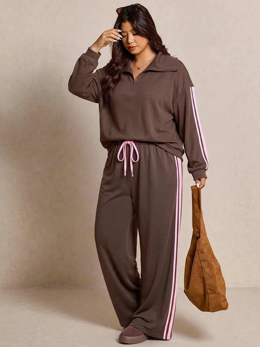 Elaquor Plus Size Women's Side Stripe Zipper Design Sweatshirt And Wide Leg Pants Casual Daily Going Out 2 Pieces Set For Women Fall/Winter Casual Work Sets