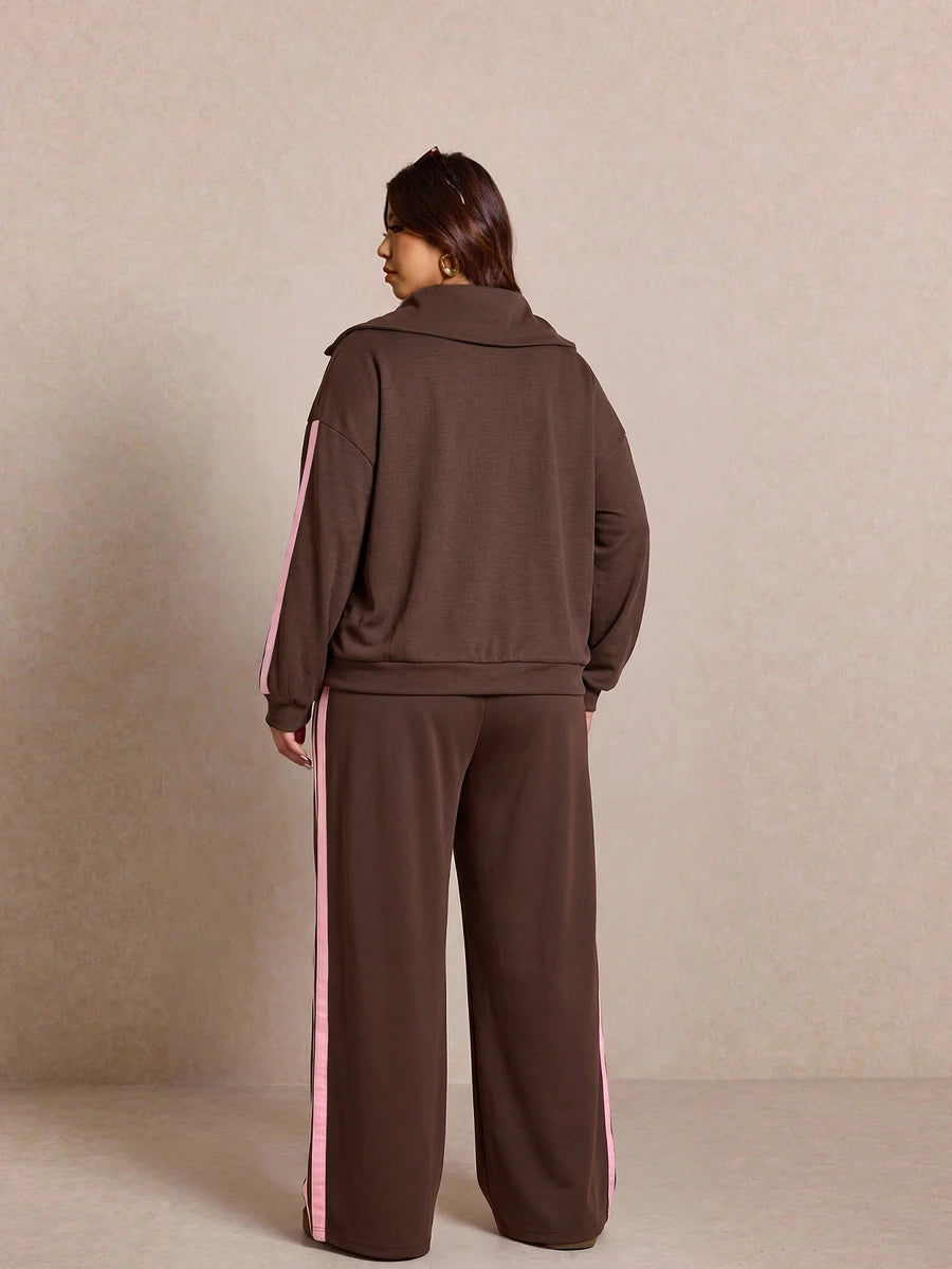 Elaquor Plus Size Women's Side Stripe Zipper Design Sweatshirt And Wide Leg Pants Casual Daily Going Out 2 Pieces Set For Women Fall/Winter Casual Work Sets