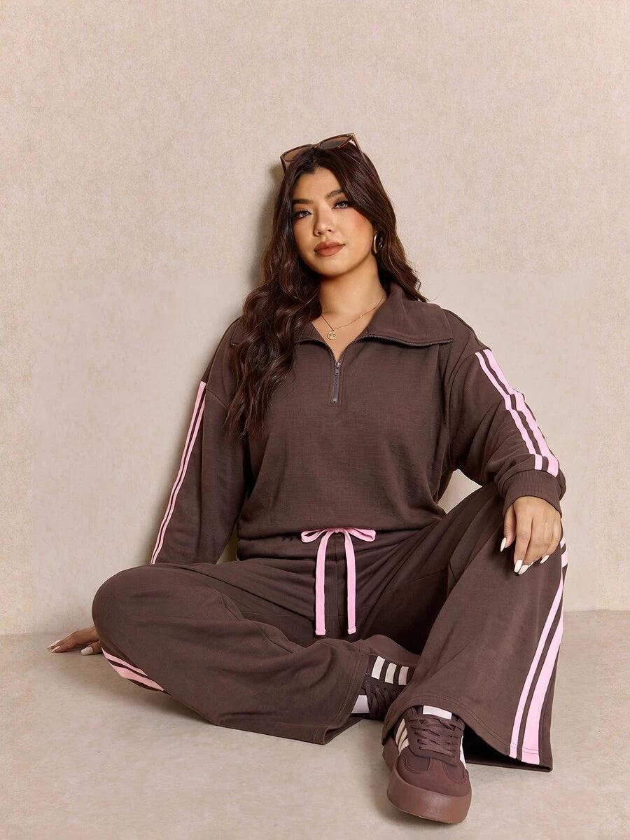 Elaquor Plus Size Women's Side Stripe Zipper Design Sweatshirt And Wide Leg Pants Casual Daily Going Out 2 Pieces Set For Women Fall/Winter Casual Work Sets