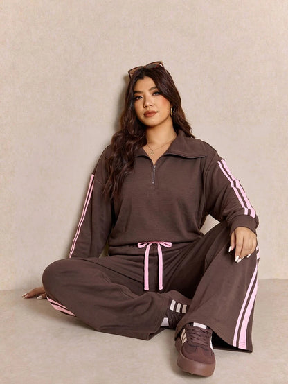 Elaquor Plus Size Women's Side Stripe Zipper Design Sweatshirt And Wide Leg Pants Casual Daily Going Out 2 Pieces Set For Women Fall/Winter Casual Work Sets