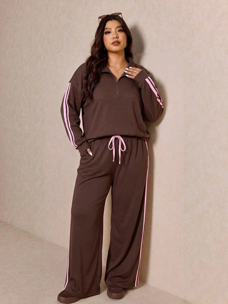 Elaquor Plus Size Women's Side Stripe Zipper Design Sweatshirt And Wide Leg Pants Casual Daily Going Out 2 Pieces Set For Women Fall/Winter Casual Work Sets