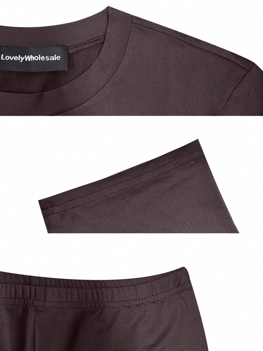 LovelyWholesale Women's Casual Crew Neck Short Sleeve Solid Color T-Shirt & 3/4 Length Pants Black 2 Pieces Set Summer Outfit Elegant