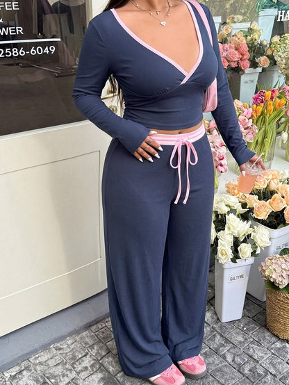GalTyme Plus Size Contrast Color Long Sleeve Top & Pants 2 Pieces Set,Cerise Pink,Autumn,Smart Casual,Everyday,Chic Elegant Y2k Party Christmas Vacation Fall