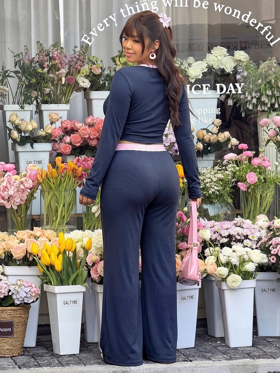 GalTyme Plus Size Contrast Color Long Sleeve Top & Pants 2 Pieces Set,Cerise Pink,Autumn,Smart Casual,Everyday,Chic Elegant Y2k Party Christmas Vacation Fall