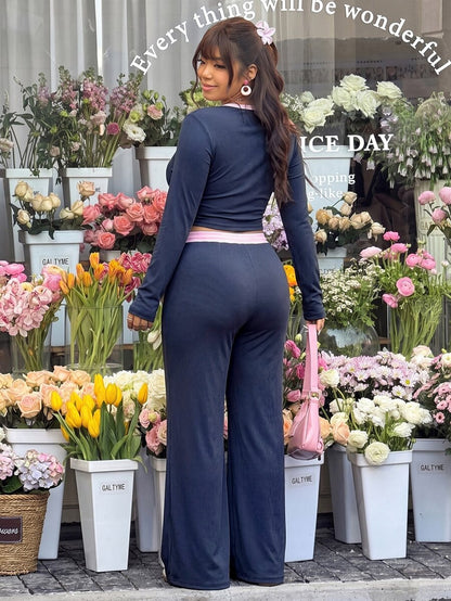 GalTyme Plus Size Contrast Color Long Sleeve Top & Pants 2 Pieces Set,Cerise Pink,Autumn,Smart Casual,Everyday,Chic Elegant Y2k Party Christmas Vacation Fall