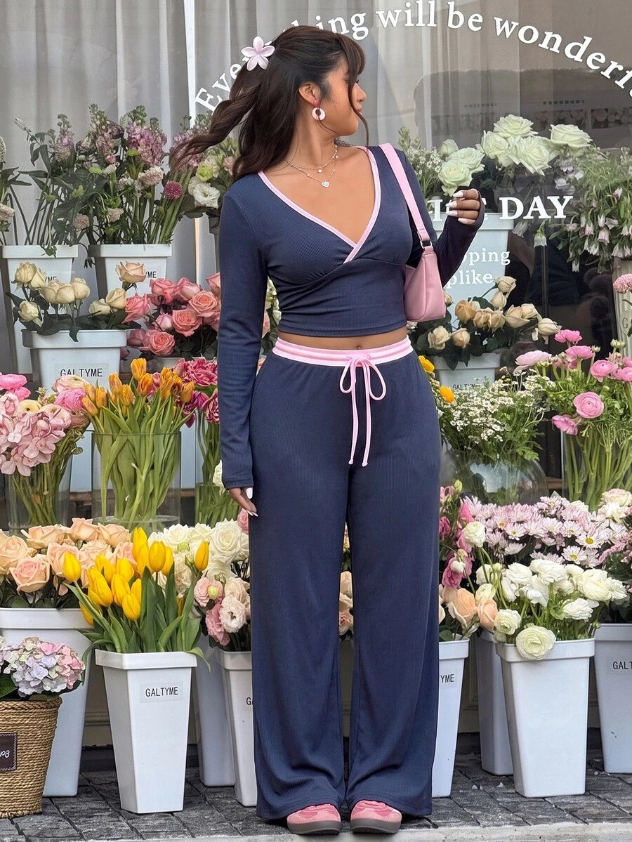 GalTyme Plus Size Contrast Color Long Sleeve Top & Pants 2 Pieces Set,Cerise Pink,Autumn,Smart Casual,Everyday,Chic Elegant Y2k Party Christmas Vacation Fall