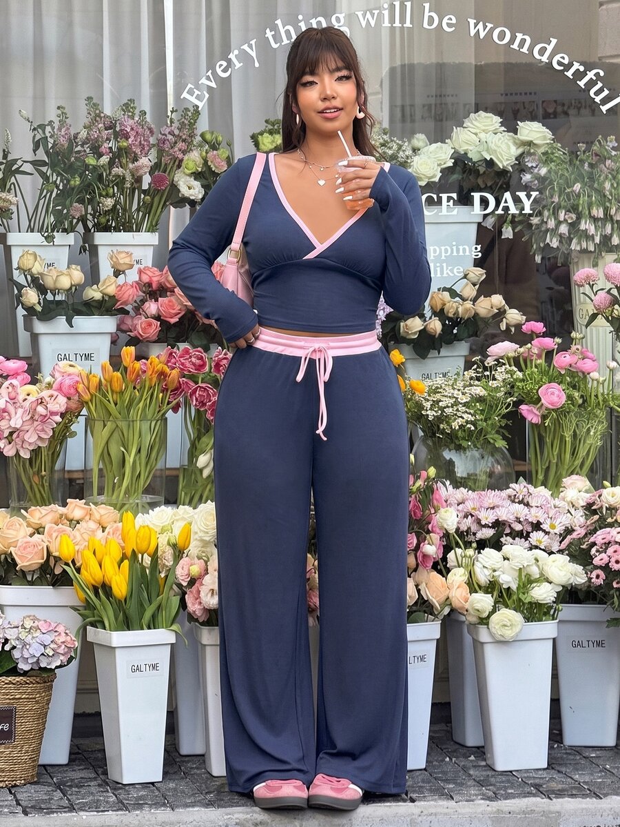 GalTyme Plus Size Contrast Color Long Sleeve Top & Pants 2 Pieces Set,Cerise Pink,Autumn,Smart Casual,Everyday,Chic Elegant Y2k Party Christmas Vacation Fall