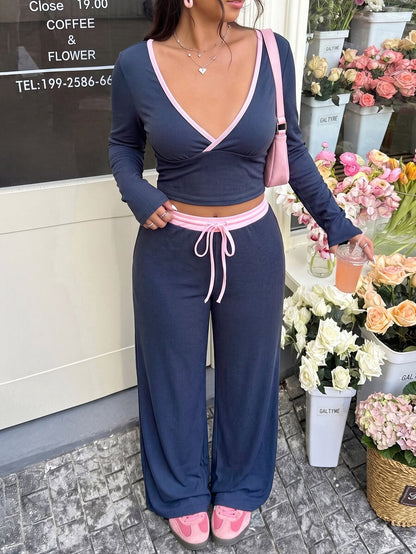 GalTyme Plus Size Contrast Color Long Sleeve Top & Pants 2 Pieces Set,Cerise Pink,Autumn,Smart Casual,Everyday,Chic Elegant Y2k Party Christmas Vacation Fall