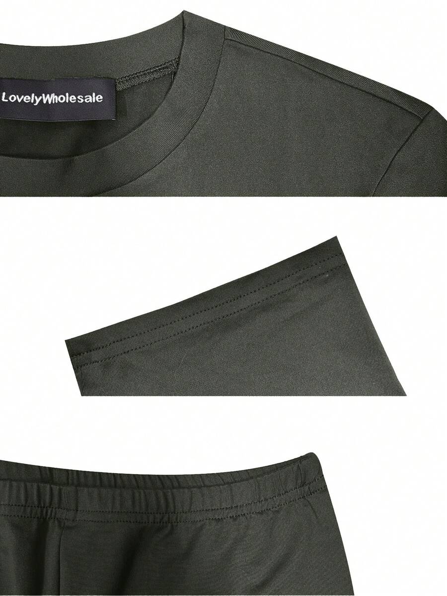 LovelyWholesale Women's Casual Crew Neck Short Sleeve Solid Color T-Shirt & 3/4 Length Pants Black 2 Pieces Set Summer Outfit Elegant