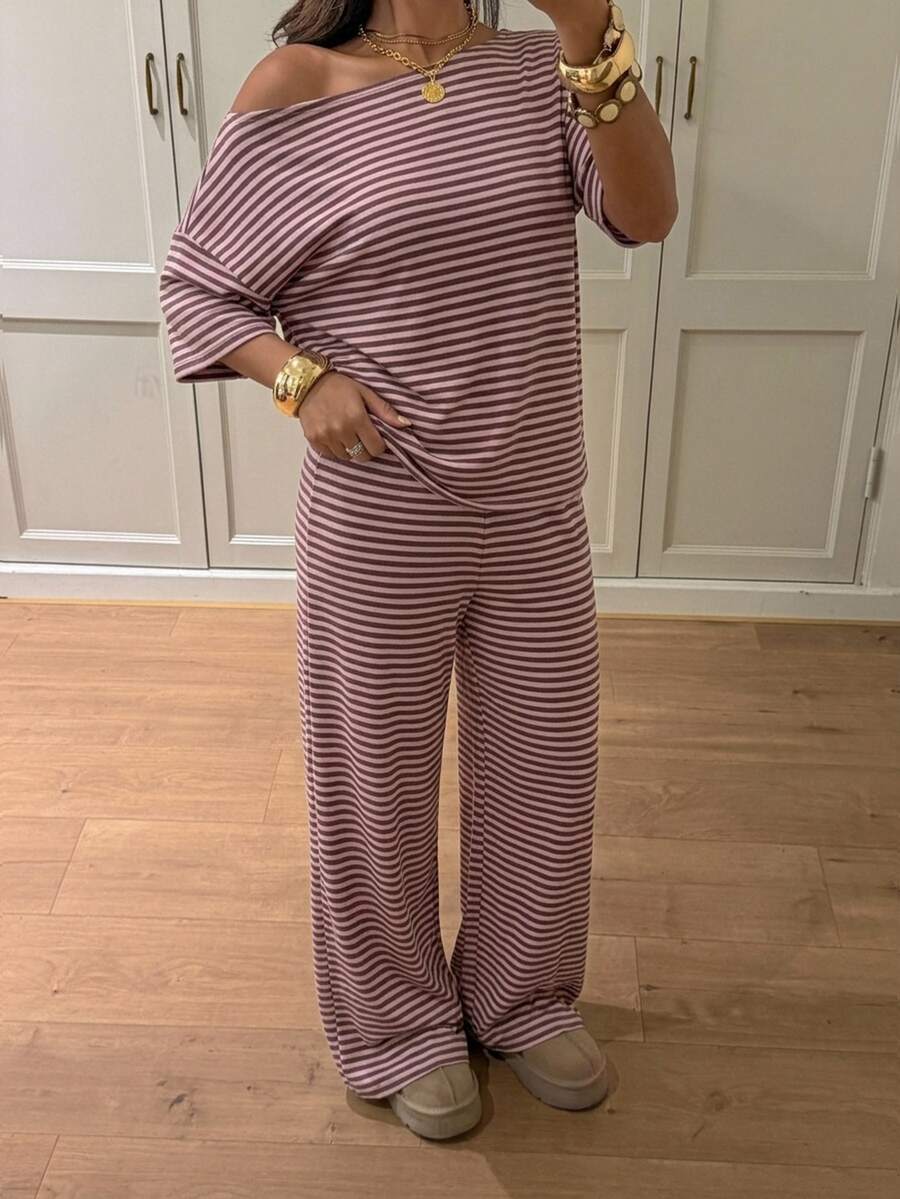 Siren Gaze Women's Fall White Casual Striped Asymmetric Collar T-Shirt Pants 2 Pieces Set Back To School Going Out Y2k Basic Streetwear Gym Halloween Sports Gym