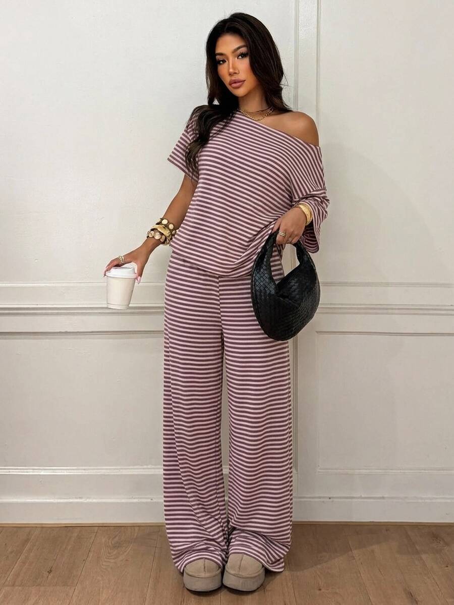 Siren Gaze Women's Fall White Casual Striped Asymmetric Collar T-Shirt Pants 2 Pieces Set Back To School Going Out Y2k Basic Streetwear Gym Halloween Sports Gym