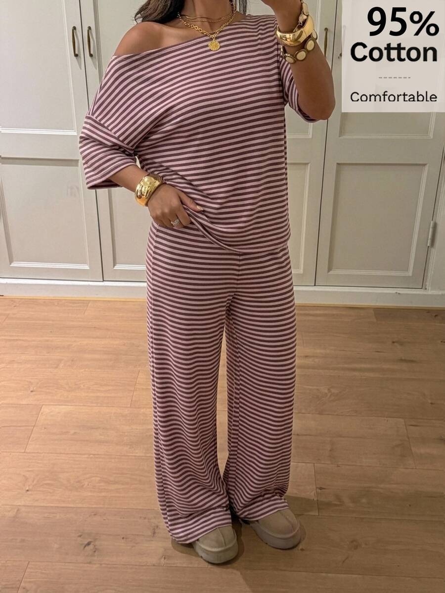 Siren Gaze Women's Fall White Casual Striped Asymmetric Collar T-Shirt Pants 2 Pieces Set Back To School Going Out Y2k Basic Streetwear Gym Halloween Sports Gym