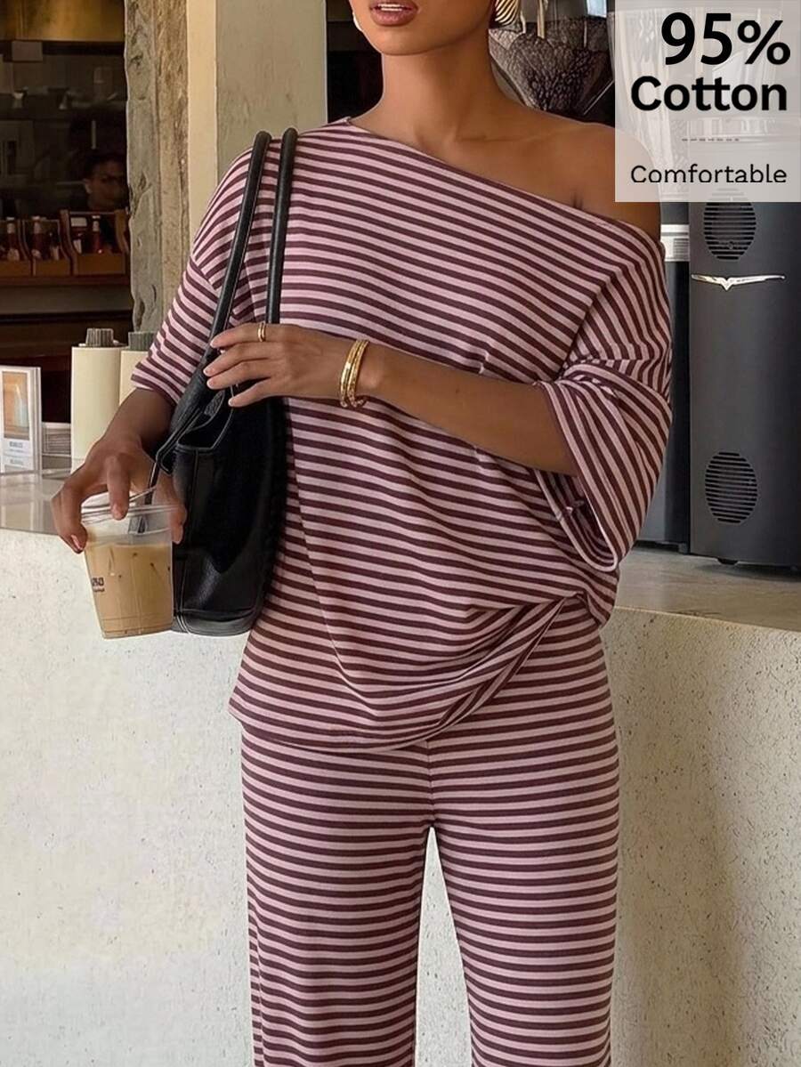 Siren Gaze Women's Fall White Casual Striped Asymmetric Collar T-Shirt Pants 2 Pieces Set Back To School Going Out Y2k Basic Streetwear Gym Halloween Sports Gym