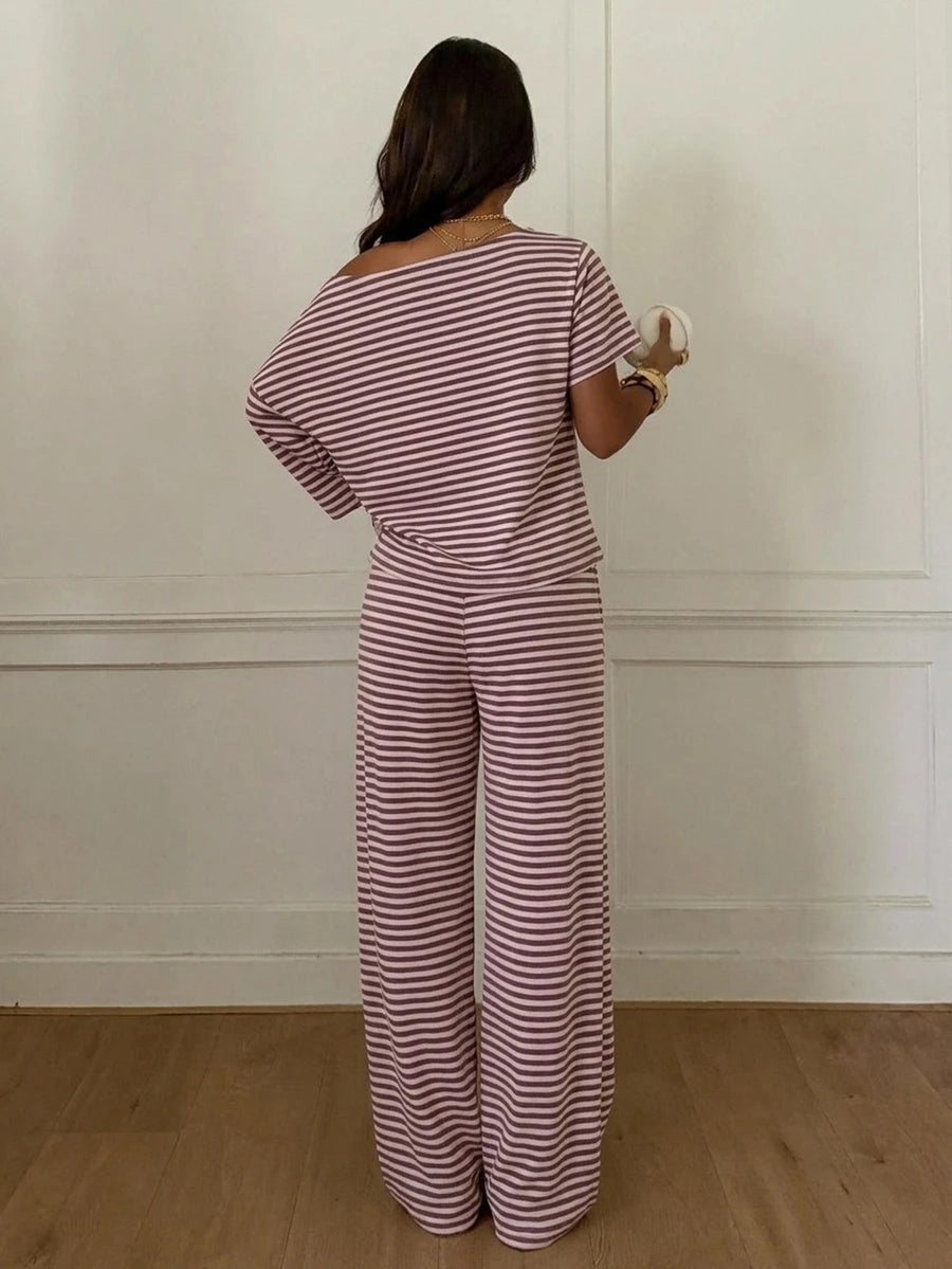 Siren Gaze Women's Fall White Casual Striped Asymmetric Collar T-Shirt Pants 2 Pieces Set Back To School Going Out Y2k Basic Streetwear Gym Halloween Sports Gym
