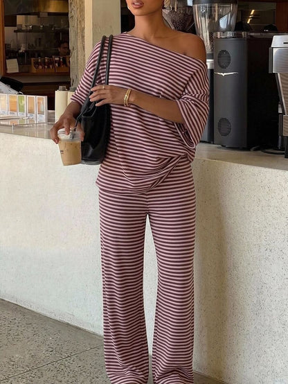 Siren Gaze Women's Fall White Casual Striped Asymmetric Collar T-Shirt Pants 2 Pieces Set Back To School Going Out Y2k Basic Streetwear Gym Halloween Sports Gym