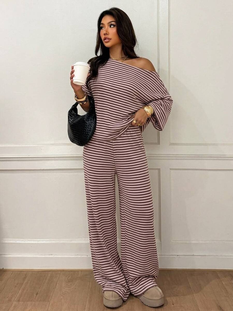 Siren Gaze Women's Fall White Casual Striped Asymmetric Collar T-Shirt Pants 2 Pieces Set Back To School Going Out Y2k Basic Streetwear Gym Halloween Sports Gym