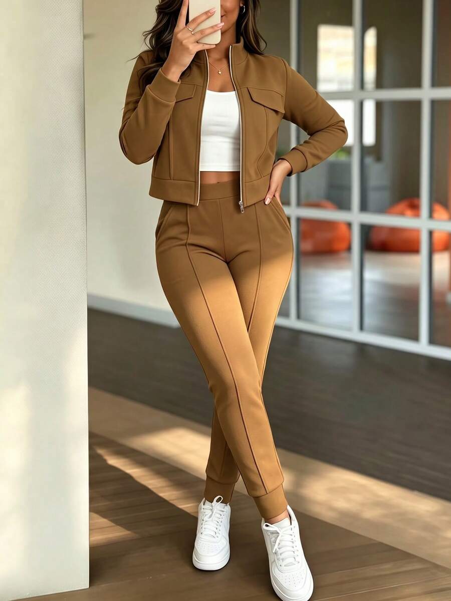 2pcs Women Set In Spring/Autumn/Winter, Minimal Solid Color Versatile Zip Up Short Jacket Tops With Elastic Waist Pocket Skinny Pants Casual Elegant