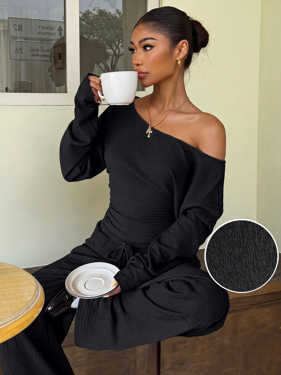Muchica Women's New Autumn Brown Casual Knitted Textured Asymmetric Shoulder Long Sleeve T-Shirt And Pants Set For Going Out, Streetwear