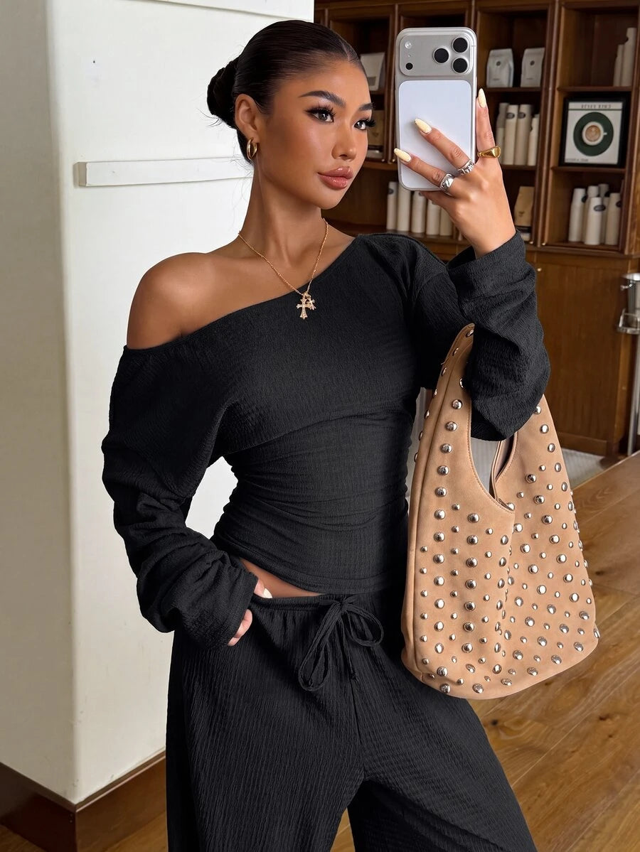Muchica Women's New Autumn Brown Casual Knitted Textured Asymmetric Shoulder Long Sleeve T-Shirt And Pants Set For Going Out, Streetwear