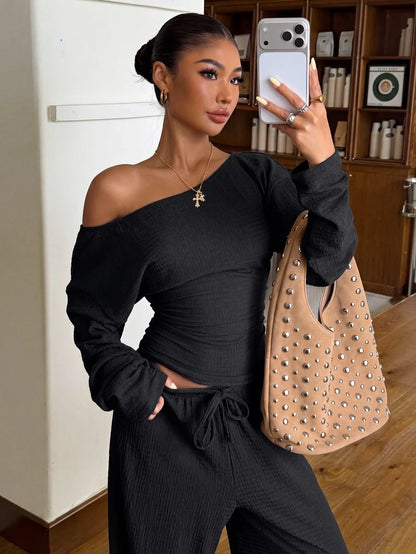 Muchica Women's New Autumn Brown Casual Knitted Textured Asymmetric Shoulder Long Sleeve T-Shirt And Pants Set For Going Out, Streetwear