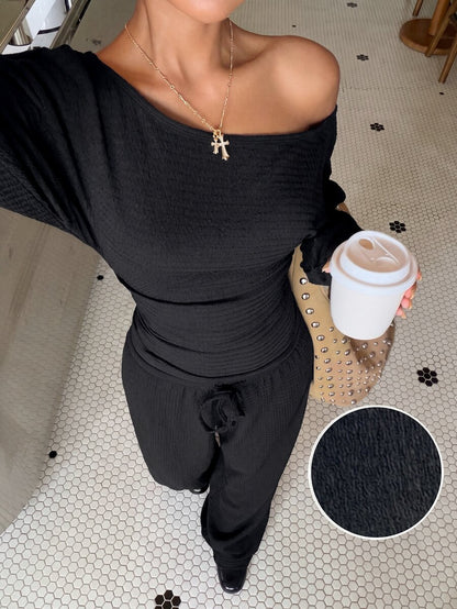 Muchica Women's New Autumn Brown Casual Knitted Textured Asymmetric Shoulder Long Sleeve T-Shirt And Pants Set For Going Out, Streetwear