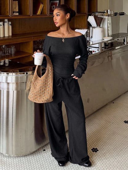 Muchica Women's New Autumn Brown Casual Knitted Textured Asymmetric Shoulder Long Sleeve T-Shirt And Pants Set For Going Out, Streetwear