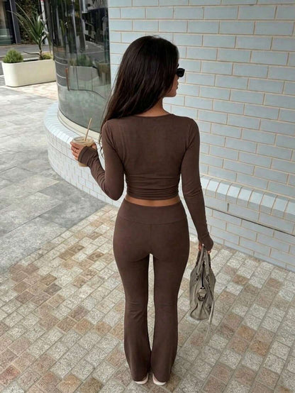 Women's Solid Color Long Sleeve V-Neck Cropped Top + Slim Fit Flare Pants Casual Set, Elegant Style, Can Be Worn Separately, Autumn/Winter